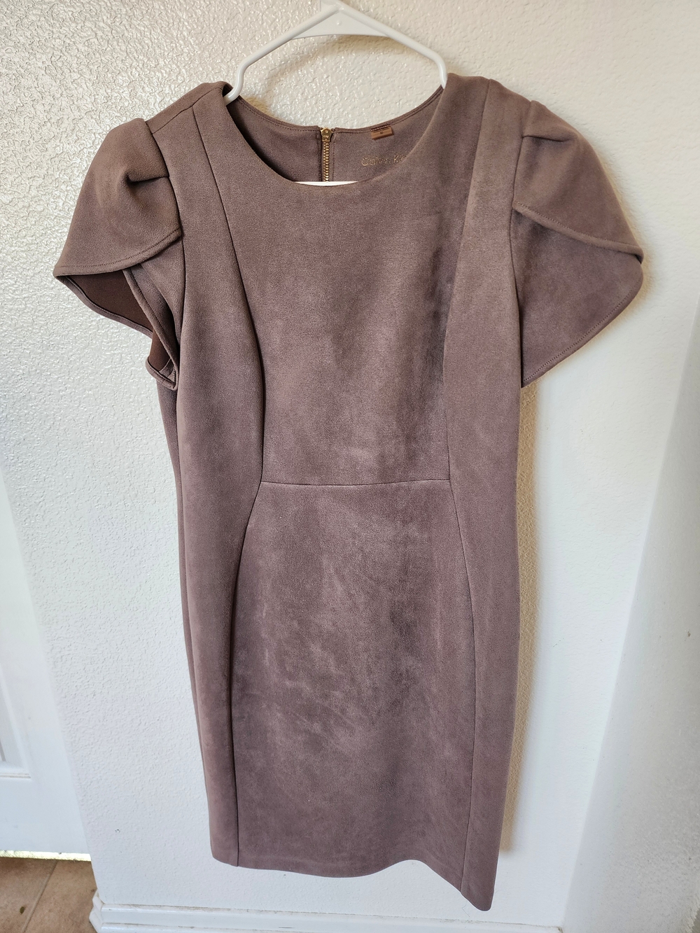 Calvin Klein Suede Look Sheath Dress Taupe Tulip Sleeve Gold Zip Sz 10